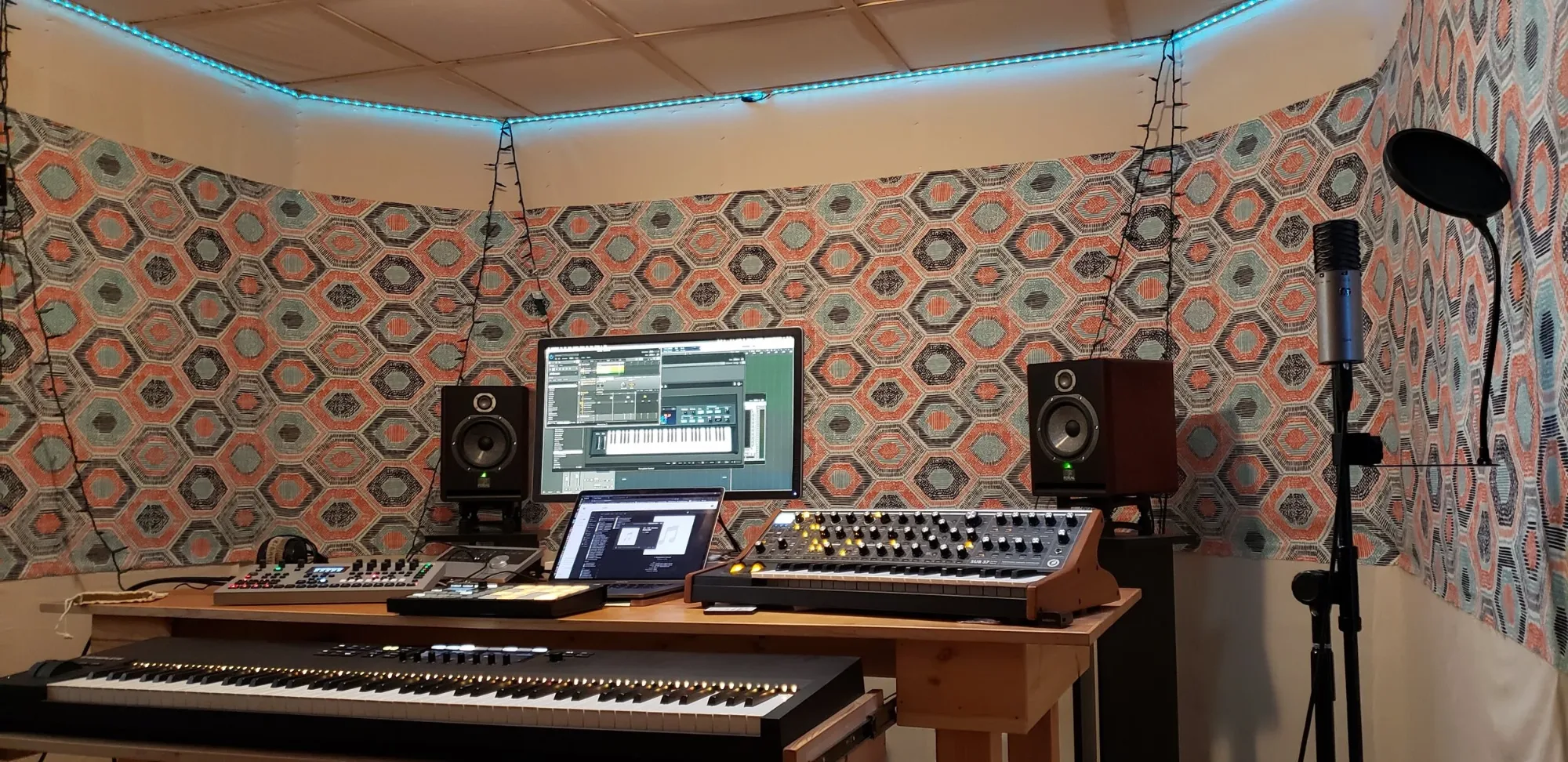 The current custom-built studio 2.0, with mix position, monitors, keyboards and vocal mic